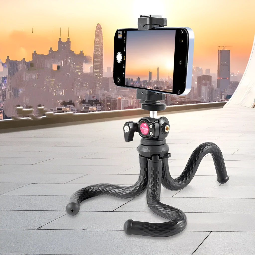 Black flexible octopus tripod with mobile phone clip extended to 360mm.