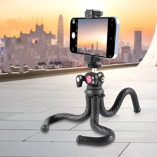 Black flexible octopus tripod with mobile phone clip extended to 360mm.