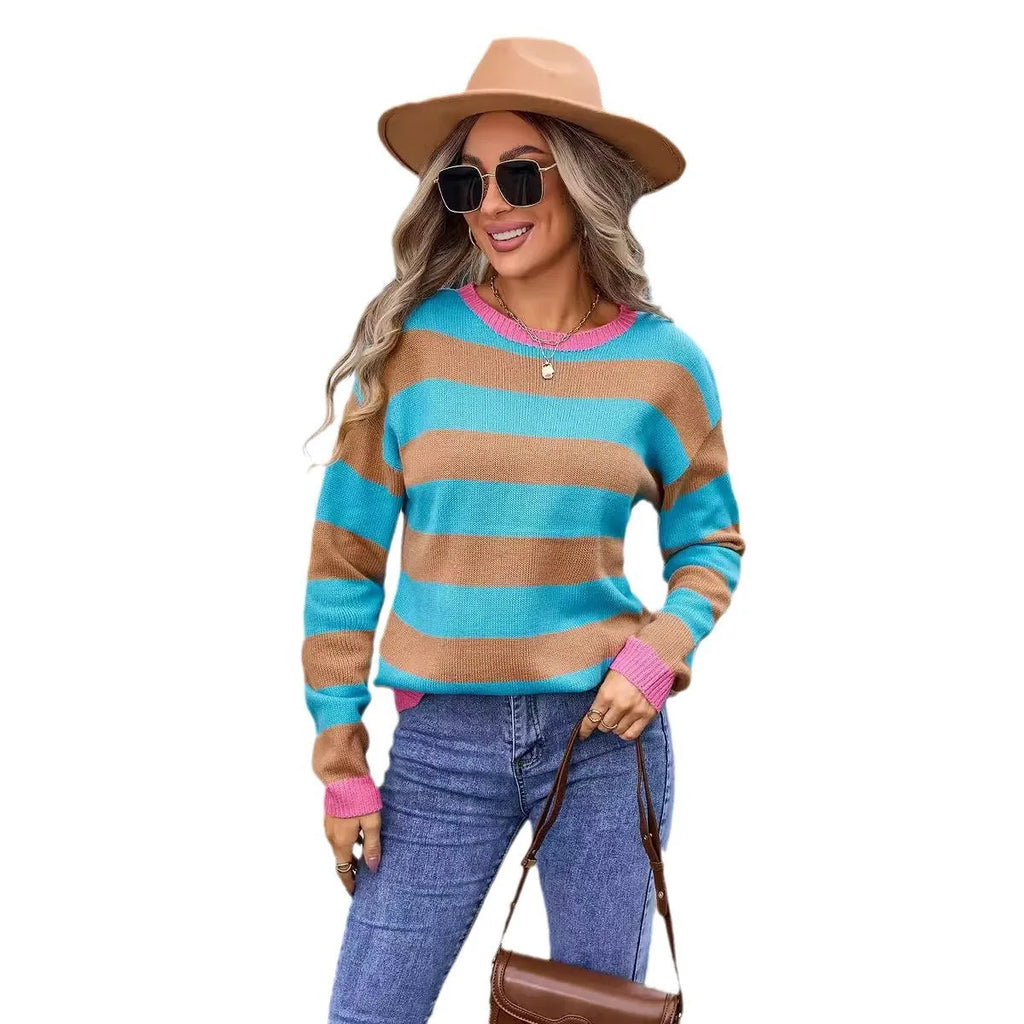 Women's loose fit long sleeve acrylic sweater in blue, round neck, knitted texture