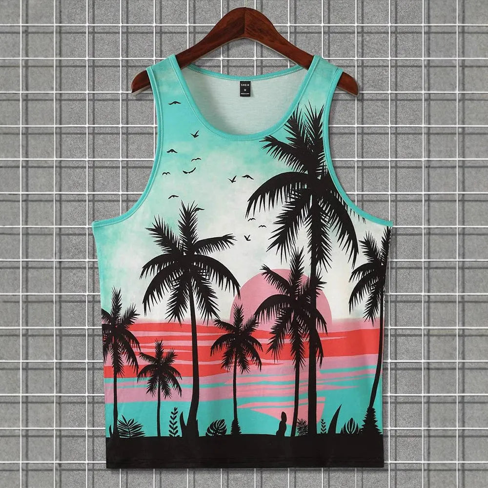 Men's solid colour Hawaiian style 3D printed sleeveless vest t-shirt in polyester fabric
