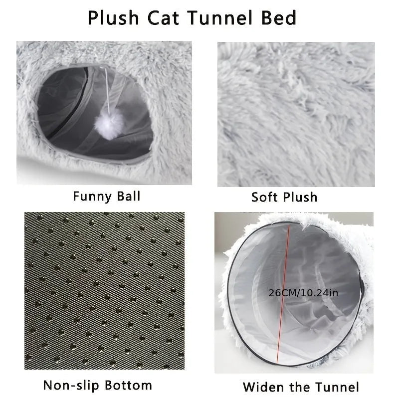 Round plush winter cat nest with attached tunnel in gray colour, foldable pet bed for indoor cats