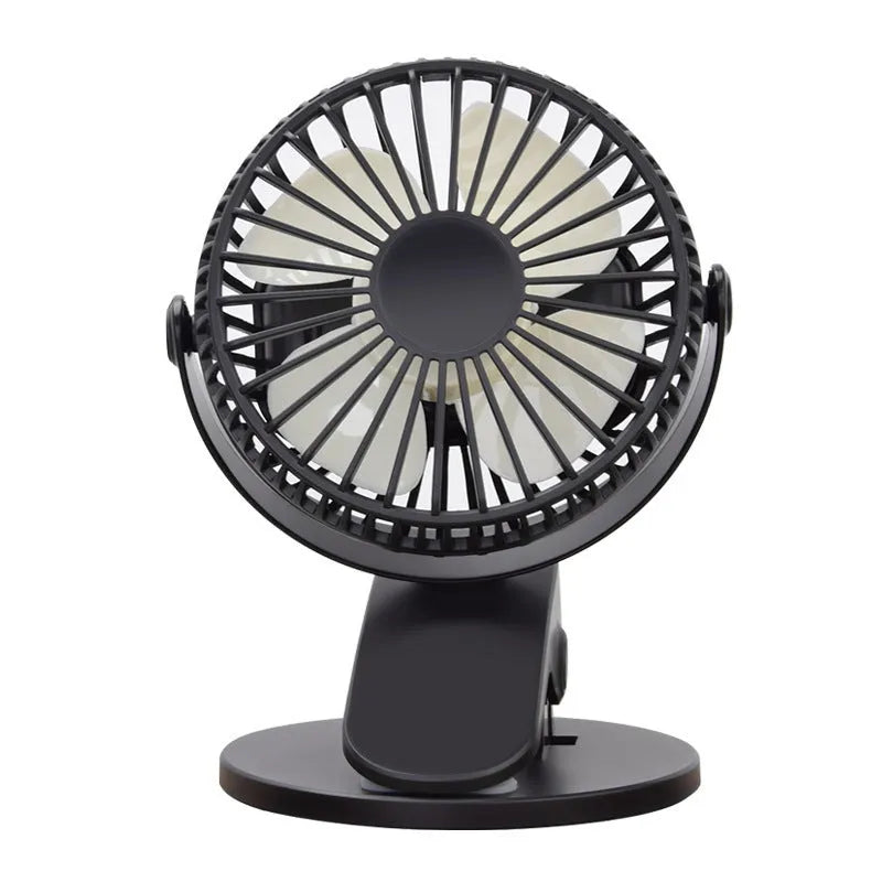 USB rechargeable clip fan in white with battery options for desktop and stroller use
