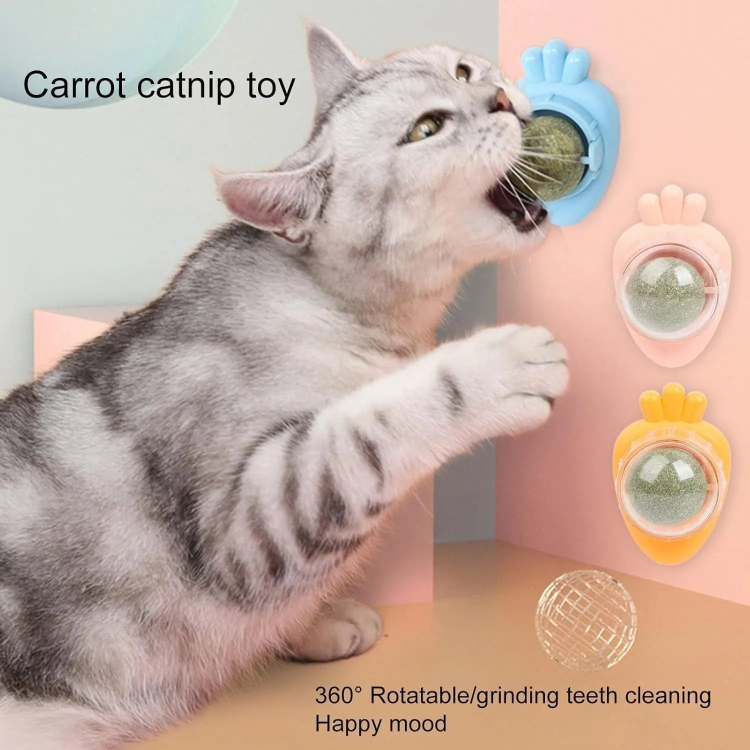 Blue carrot-shaped self-adhesive catnip ball toy for cats on a white wall.
