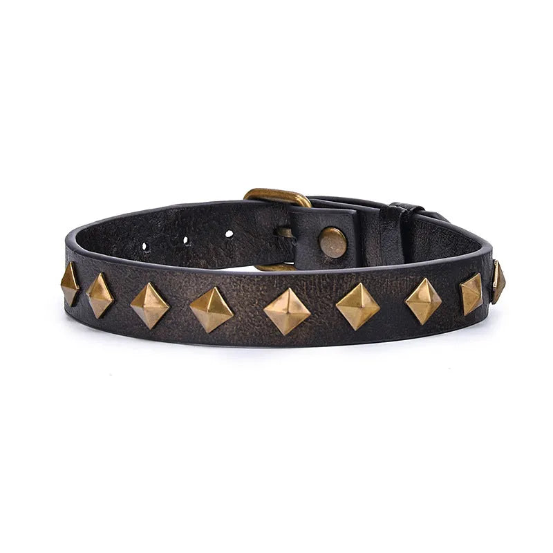 Bronze cowhide leather collar with rivets for punk retro style