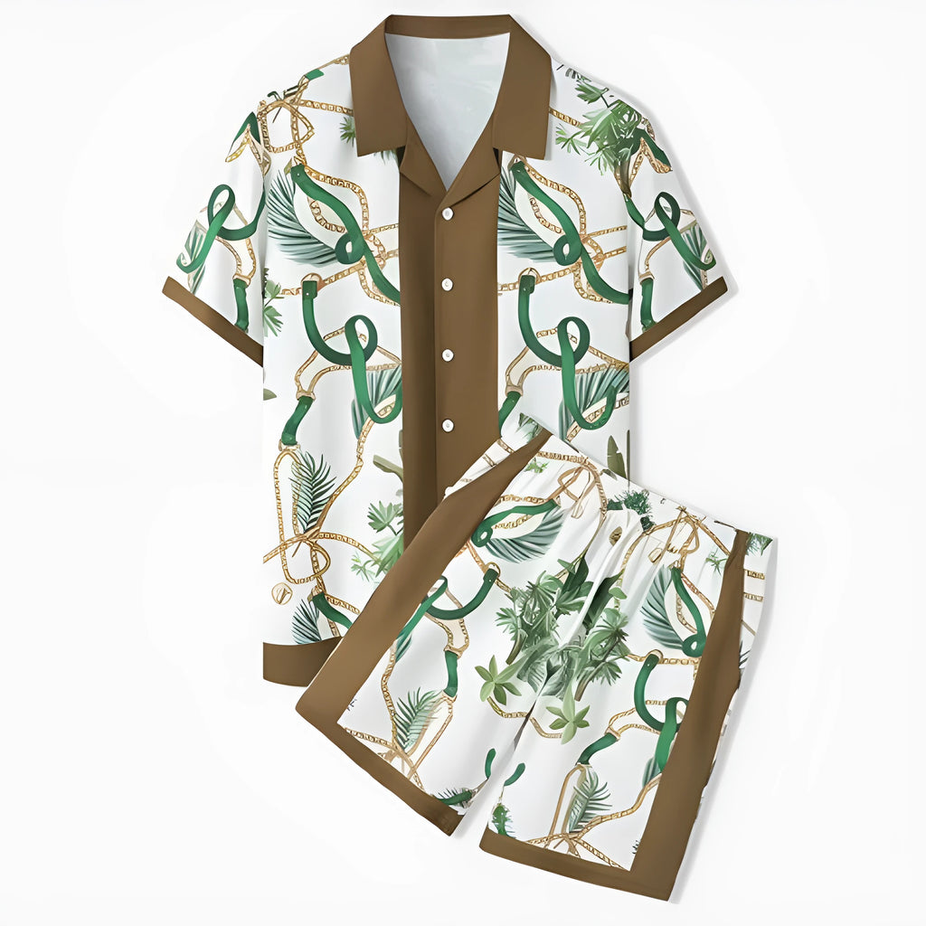 Plaid print beach shirt and trouser outfit set in European American style with short sleeves