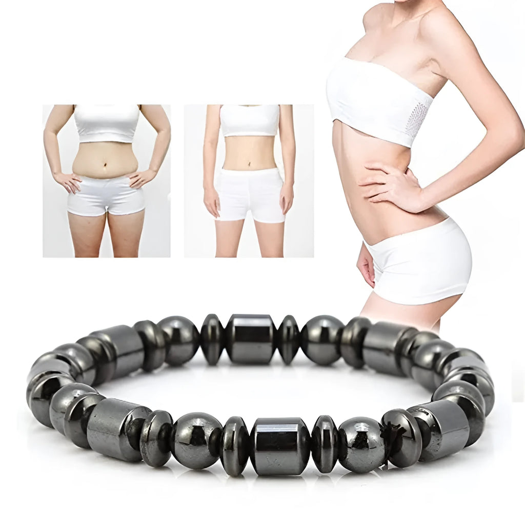 Black pentagram pattern magnetic therapy bracelet with magnetite and hematite stones on a stretch band.