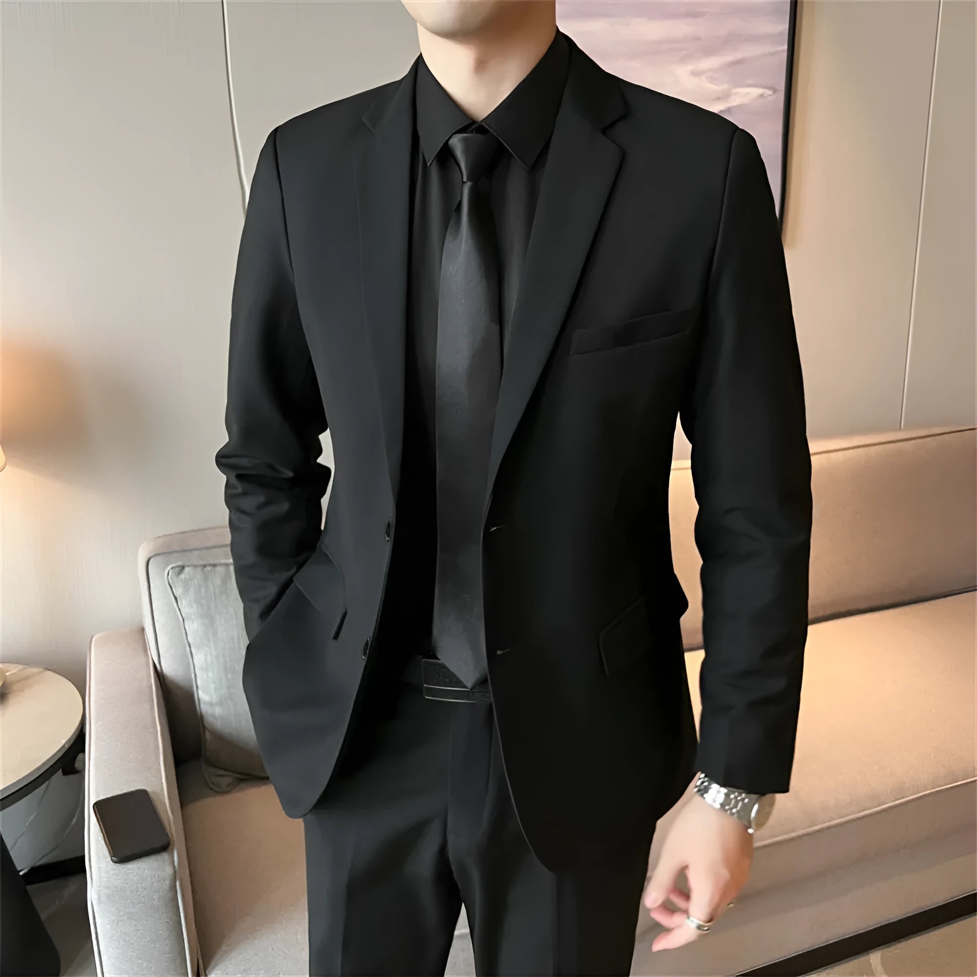 Men's slim fit corduroy suit set with shirt and tie in Korean style, spring collection