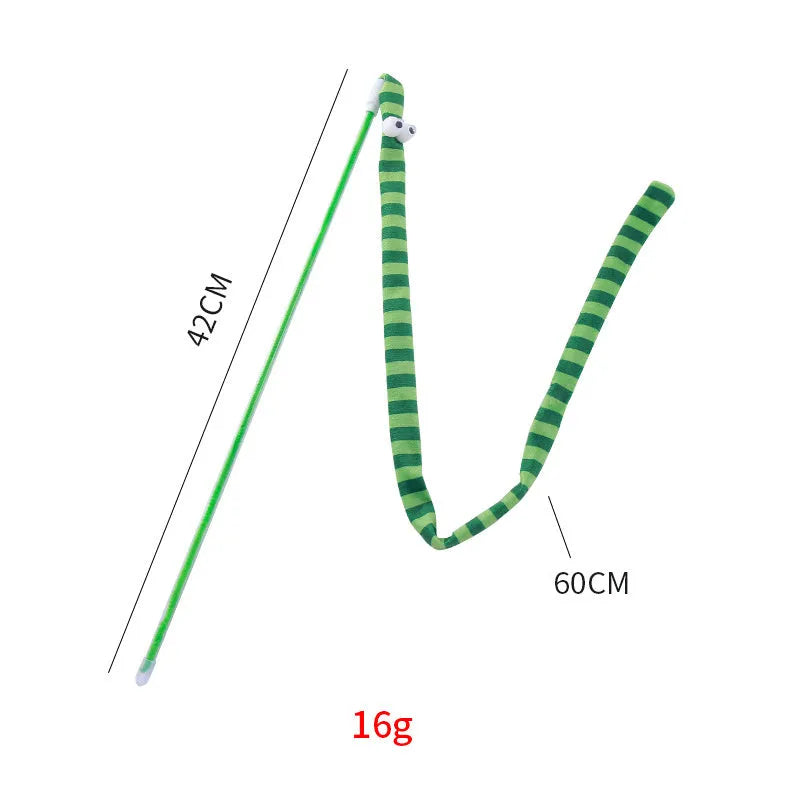 Colourful cat wand toy with a long plush strip teaser and bell, held by a polycarbonate handle.