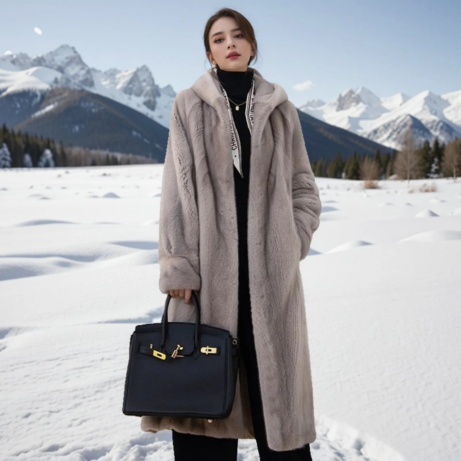 Long plus size brown leopard print faux fur coat for women on a hanger