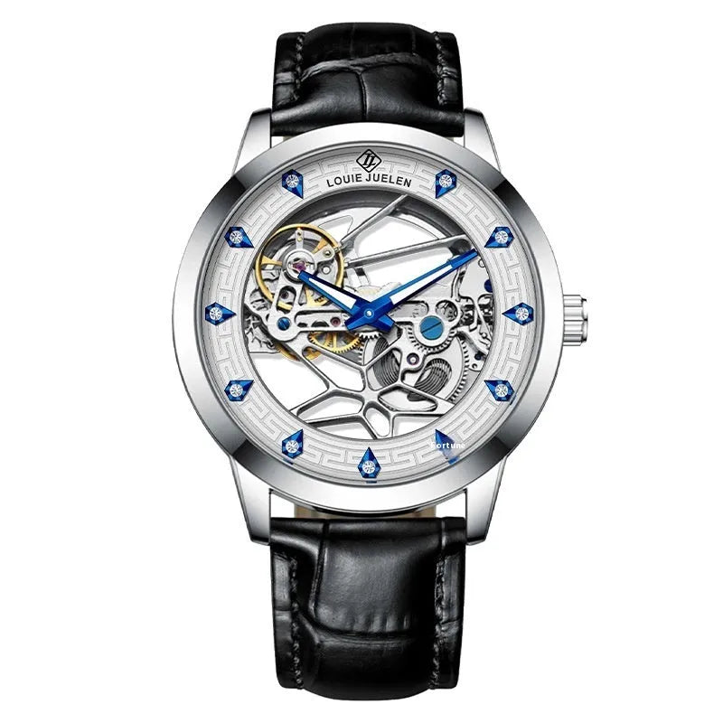 Men's silver mechanical watch with white dial, blue hands, black leather strap, and stainless steel butterfly buckle