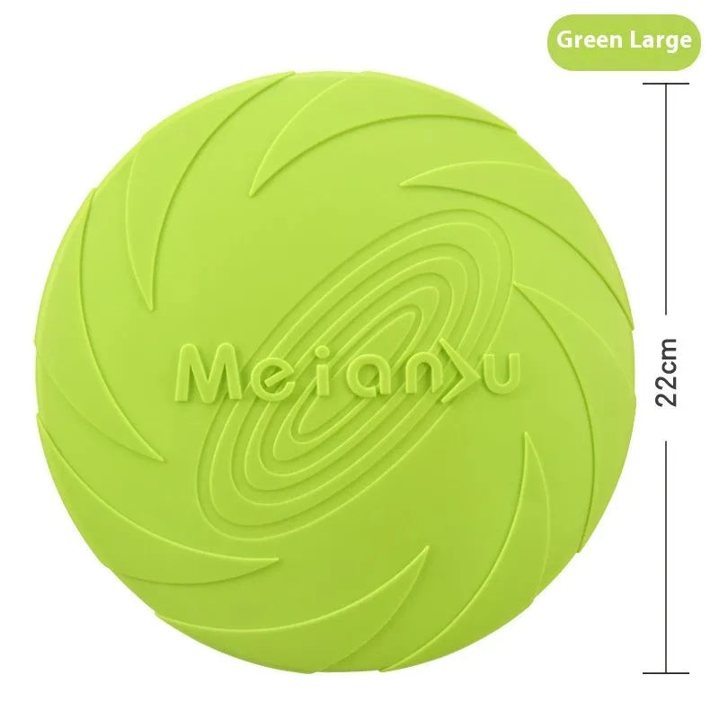 Soft rubber dog frisbee flying disc toy in red, blue, and green colours showing small, medium, and large sizes