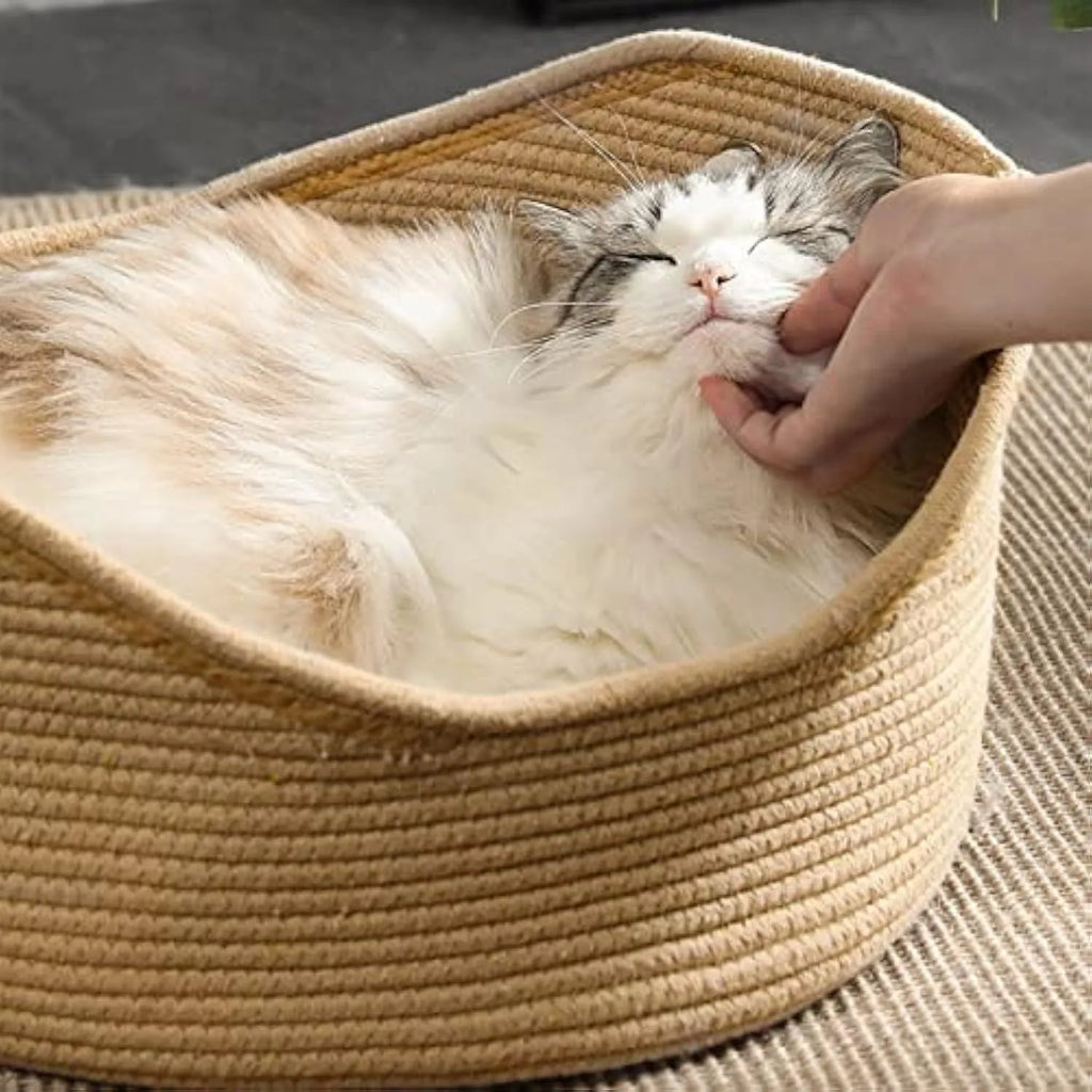Woven wicker cat basket bed with integrated corrugated scratching surface showing two size options
