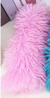 A blue plush cat toy pillow measuring 27cm long on a white background.