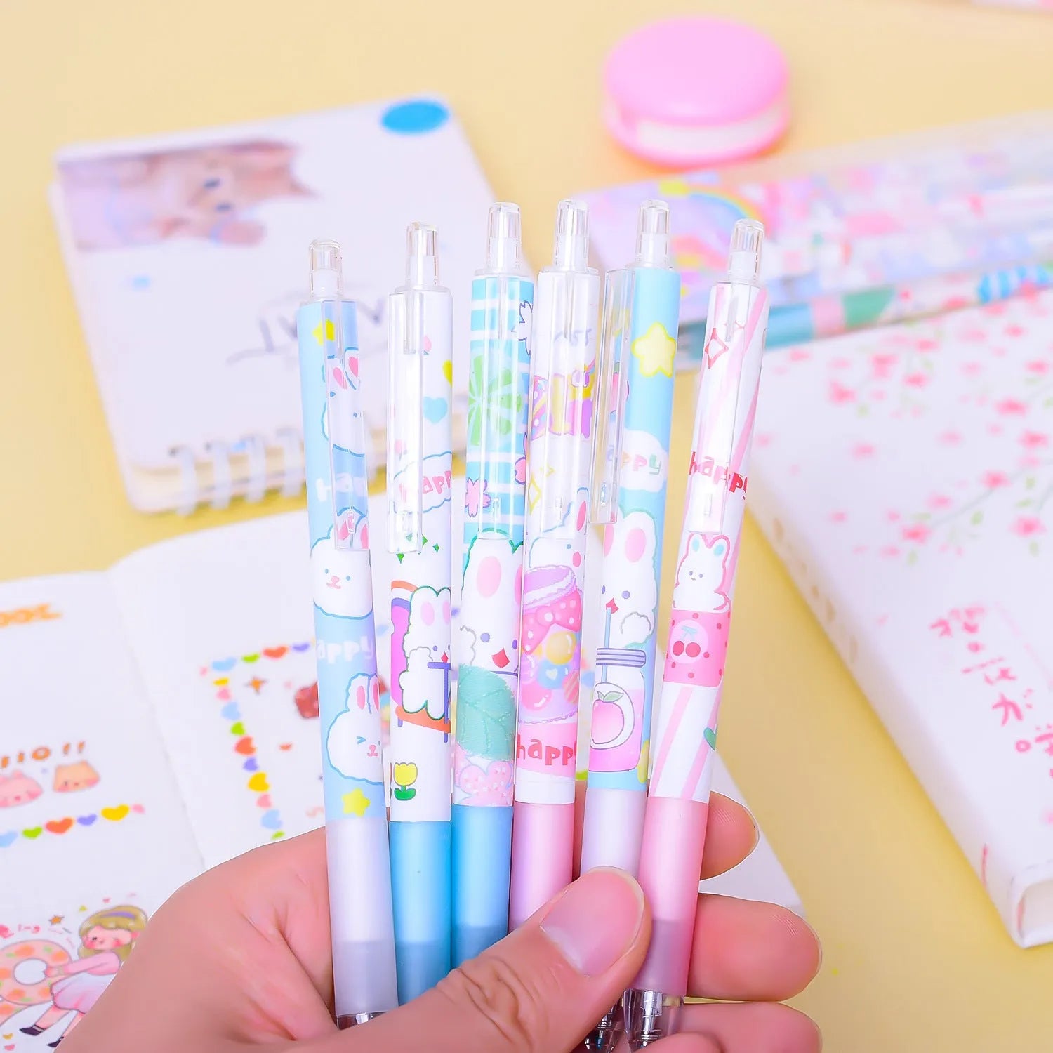 Six cartoon bunny design pens with 0.5mm black ink refills for student and office stationery