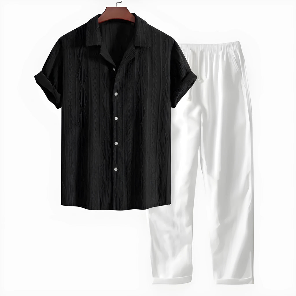 Men's slim fit camouflage print linen shirt and trousers casual set.