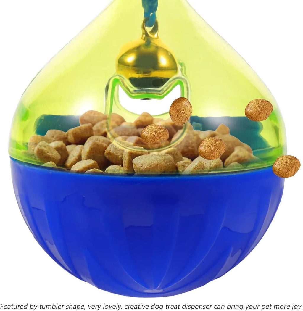 Blue tumbler-shaped pet treat dispenser toy for dogs and cats on wooden floor