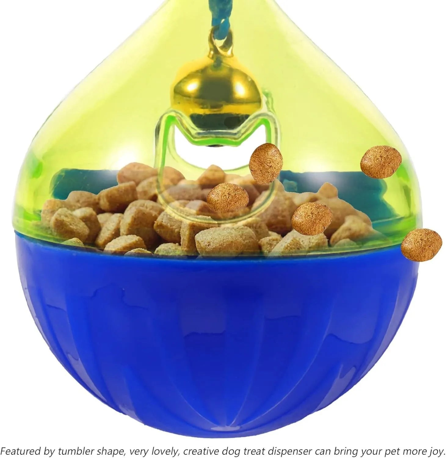 Blue tumbler-shaped pet treat dispenser toy for dogs and cats on wooden floor