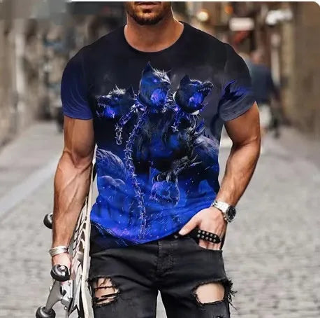Men's grey T-shirt with a raised 3D print of a fierce lion's face on the front.