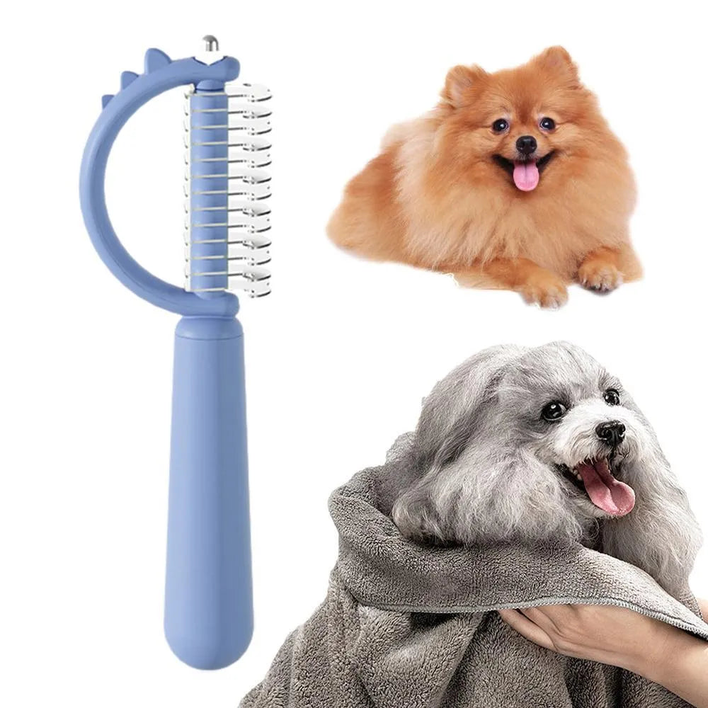 Dinosaur-shaped cat brush with stainless steel pins for self-cleaning pet grooming