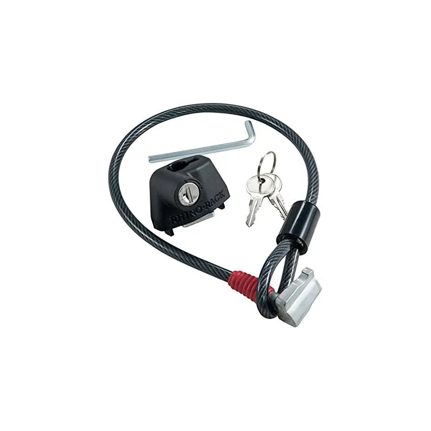 Plastic-sheathed steel cable lock for securing equipment to a vehicle roof rack.