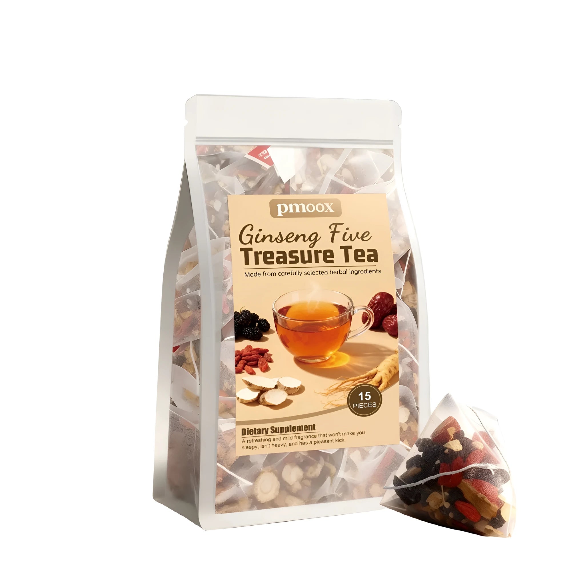 Box of Ginseng Five Treasure Tea showing 15 individually wrapped tea bags with herbal ingredients list.