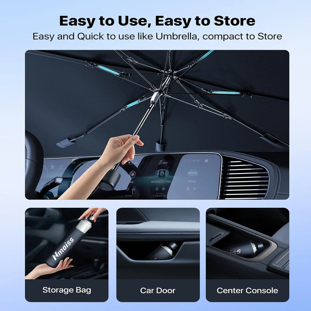 Silver windshield sun shade umbrella with spring structure edge for car interior sun protection