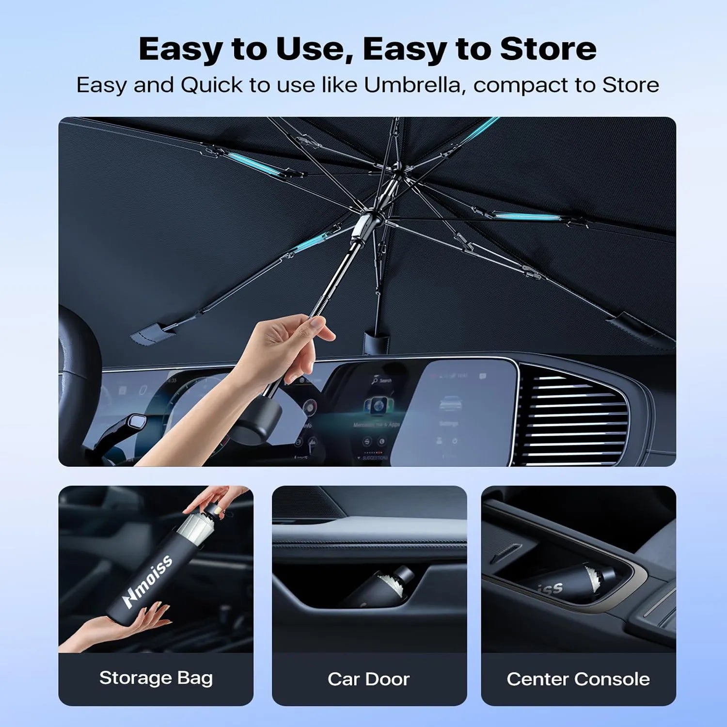Silver windshield sun shade umbrella with spring structure edge for car interior sun protection