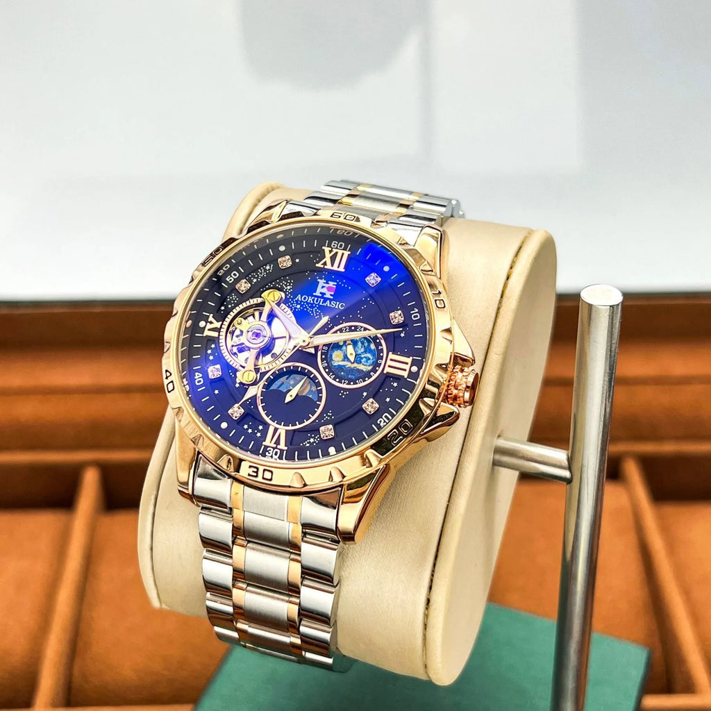 Men's rose gold automatic mechanical chronograph watch with black dial