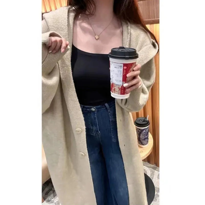 Korean style hooded long knitted cardigan for women in brown colour, below knee length