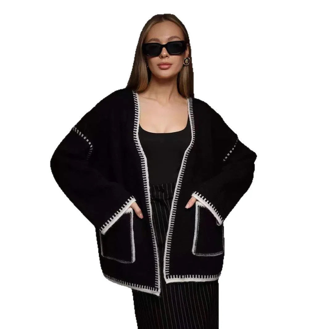 Loose knitted cardigan with lace-up front in imitation cashmere blend fabric