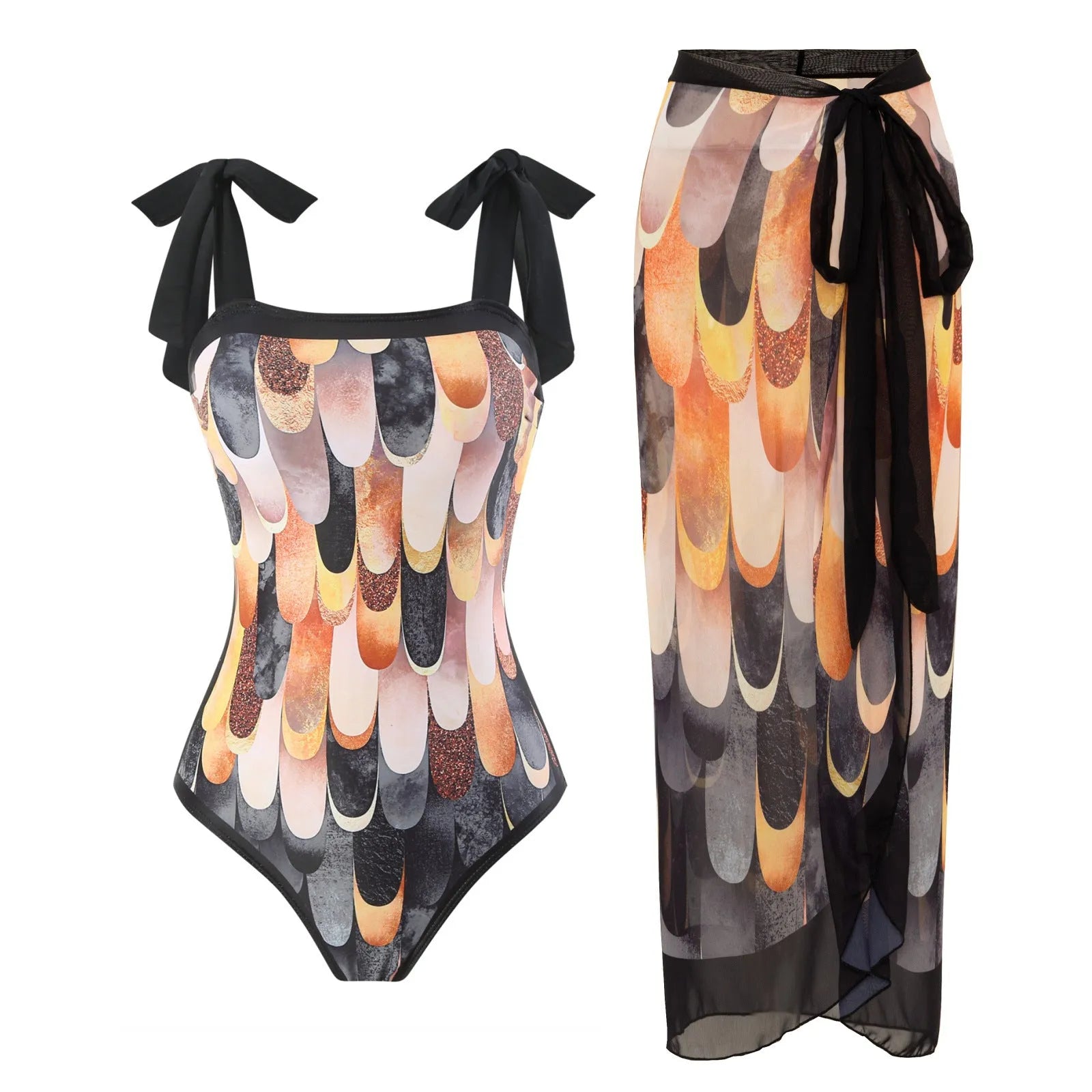 Women's retro floral one-piece swimsuit with chiffon skirt in multiple colour patterns
