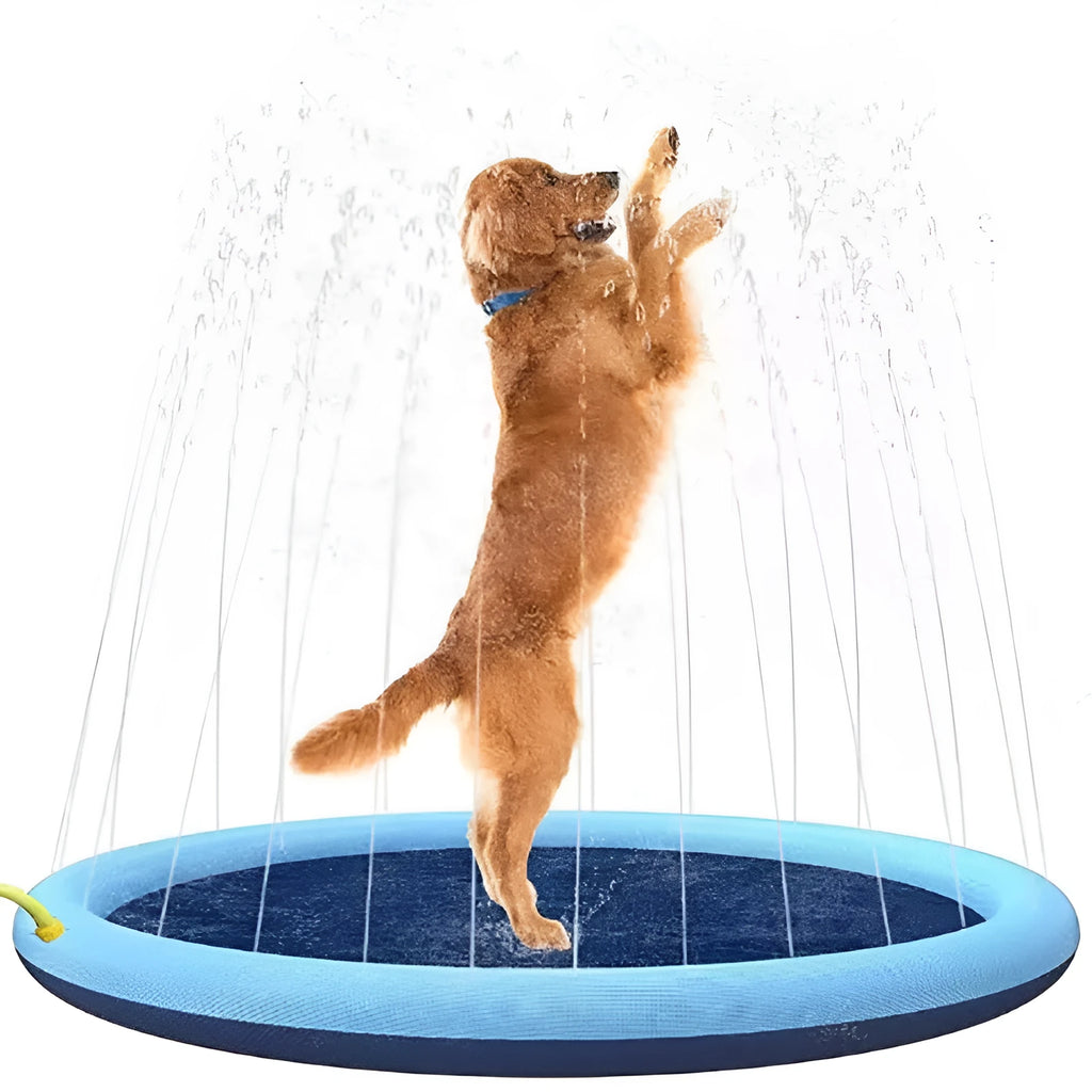 Anti-slip textured dog splash pad sprinkler mat for outdoor water play, shown in a garden.