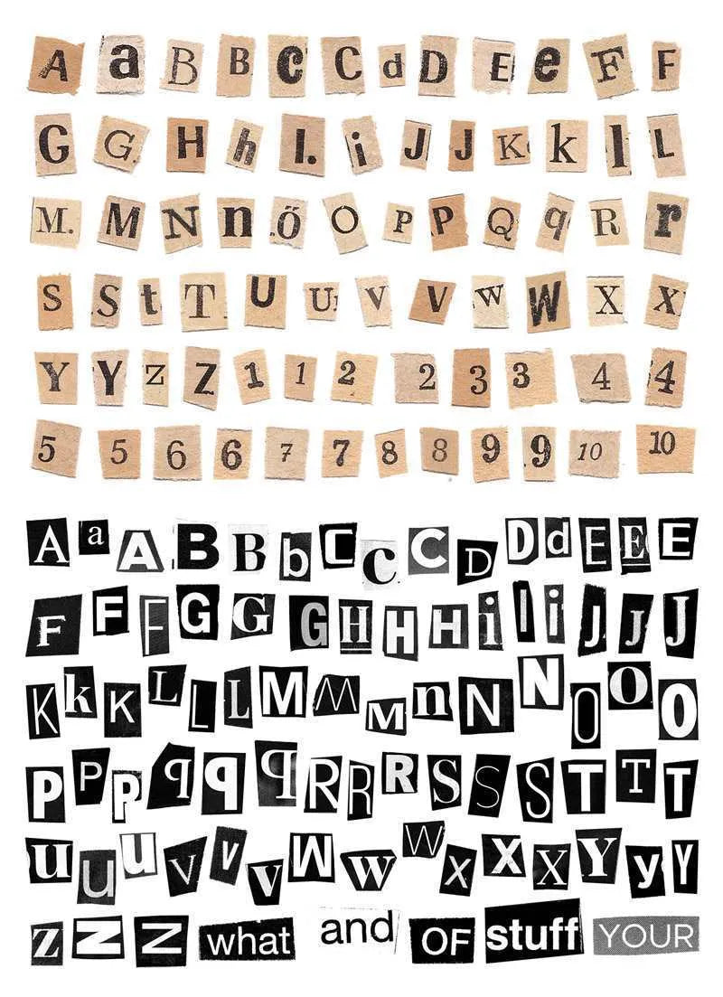 Set of printed cute-style stickers showing English letters A, B, C, D, E, numbers, symbols, and weekly words on a sheet.
