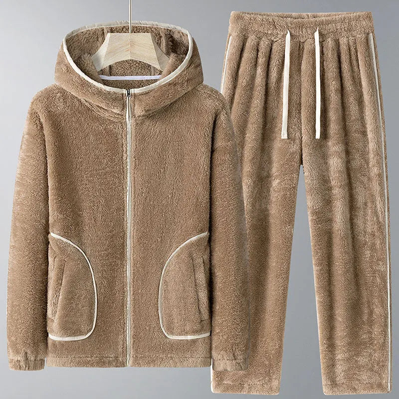 Plus size women's winter coral fleece hooded pajama set in white with heavy velvet lining and zipper