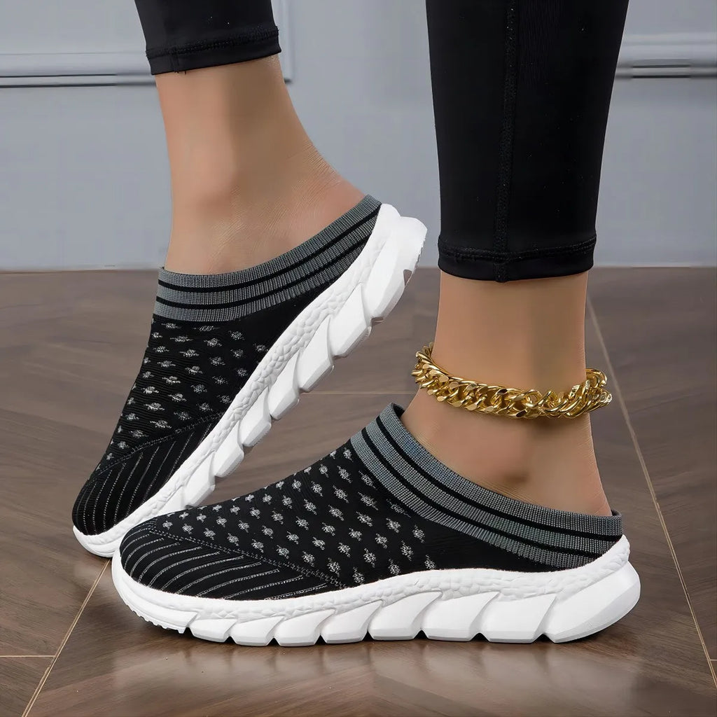 Women's black Flyknit semi slipper shoes with striped hollowed-out pattern and viscose sole