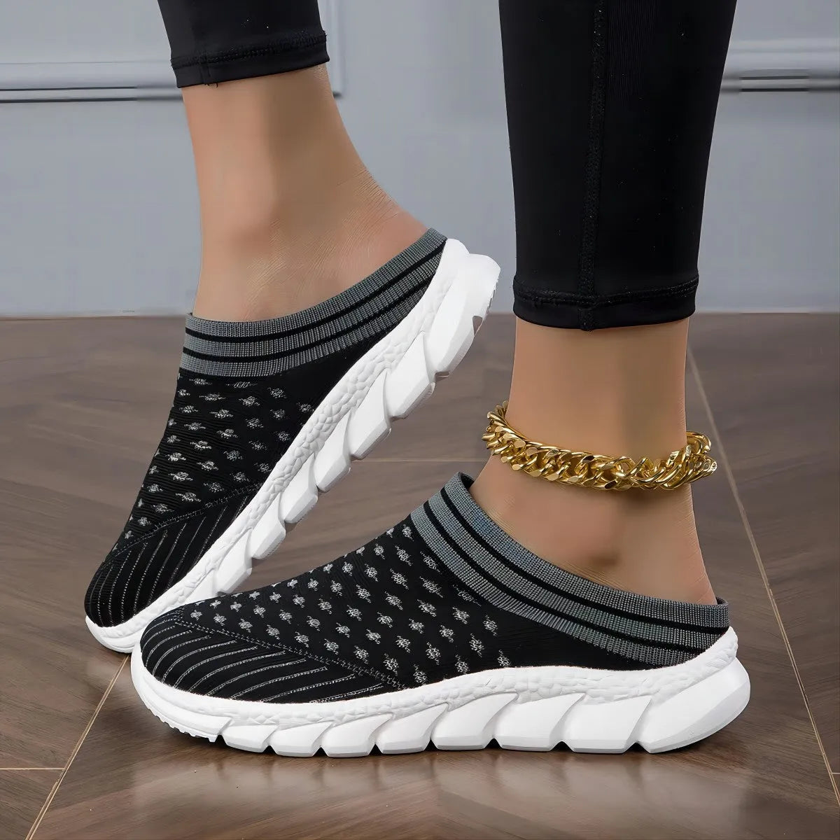 Women's black Flyknit semi slipper shoes with striped hollowed-out pattern and viscose sole