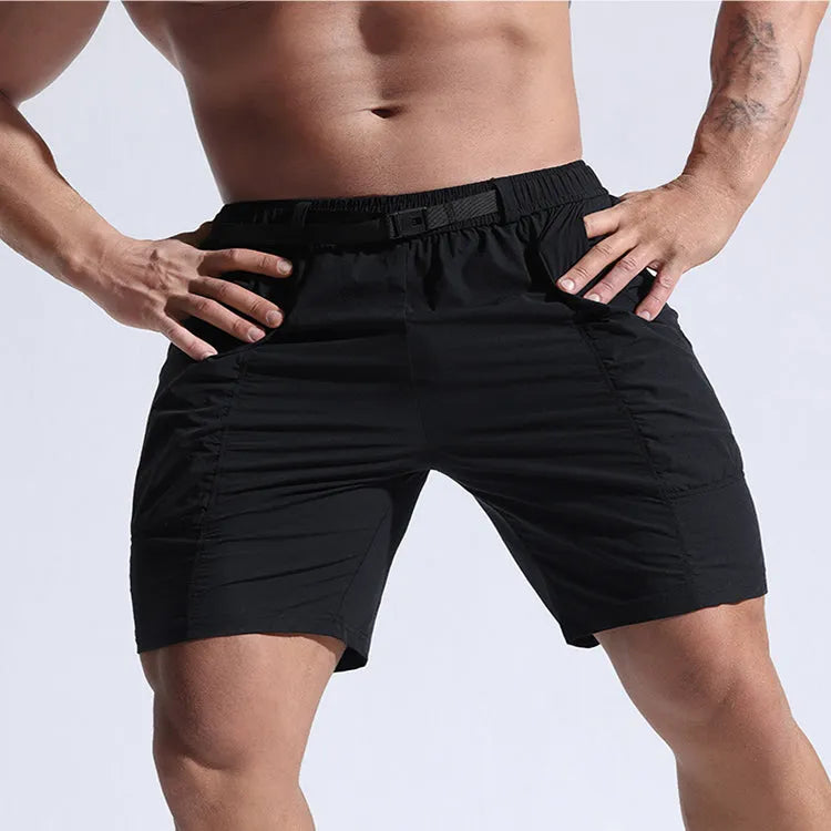 Men's athletic cargo shorts with pockets and elastic waistband in black color, mid-length cut