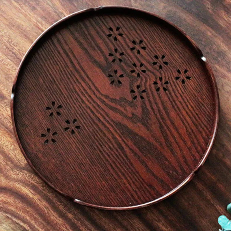 Wooden shallow plate with hollow Sakura cherry blossom pattern, 30cm diameter