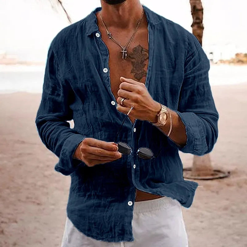 Men's casual cotton linen shirt long sleeves lapel cardigan loose fit solid colour in sky blue