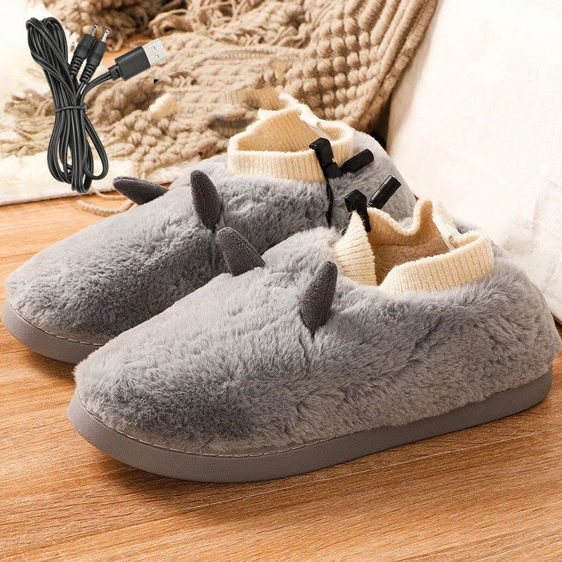 USB electric heating slippers in soft velvet, showing adjustable temperature controls and a connected USB cable.