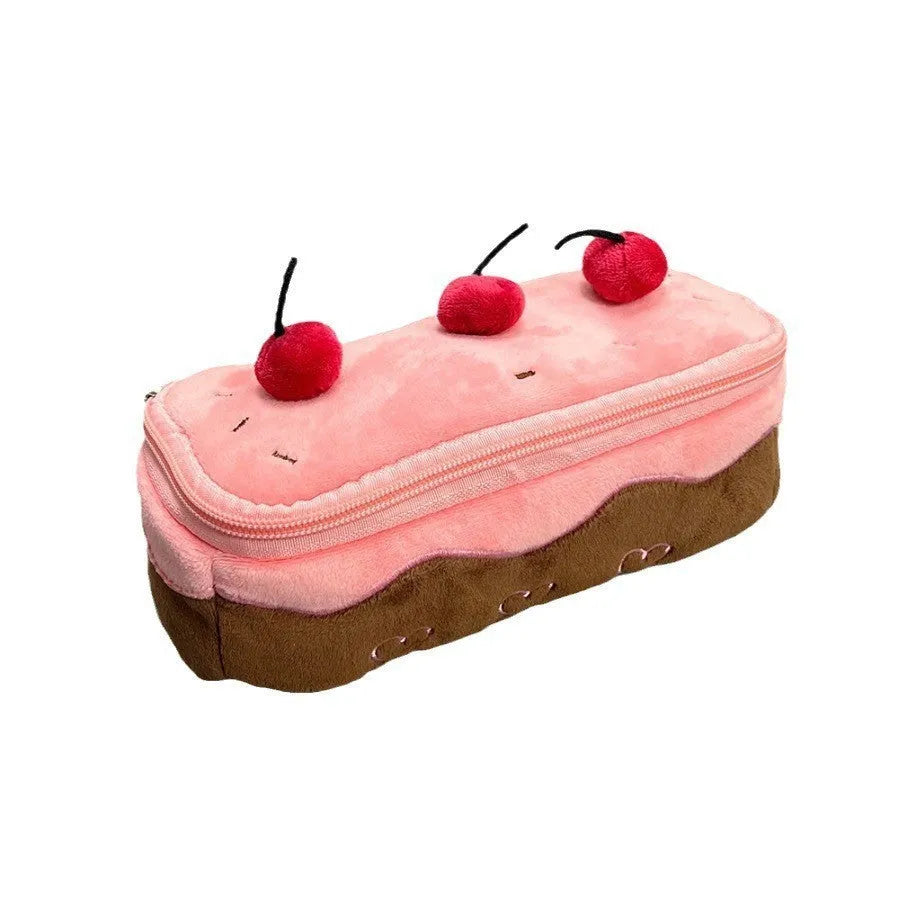 Cherry Cake coloured velvet plush pencil bag with zip, Korean style design.