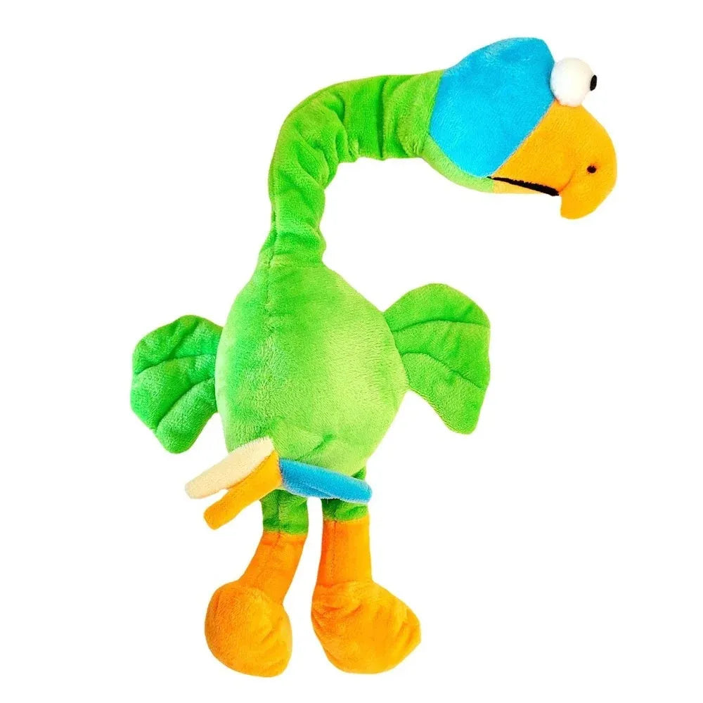 Squeaky screaming chicken dog chew toy in black, green, and orange rubber.