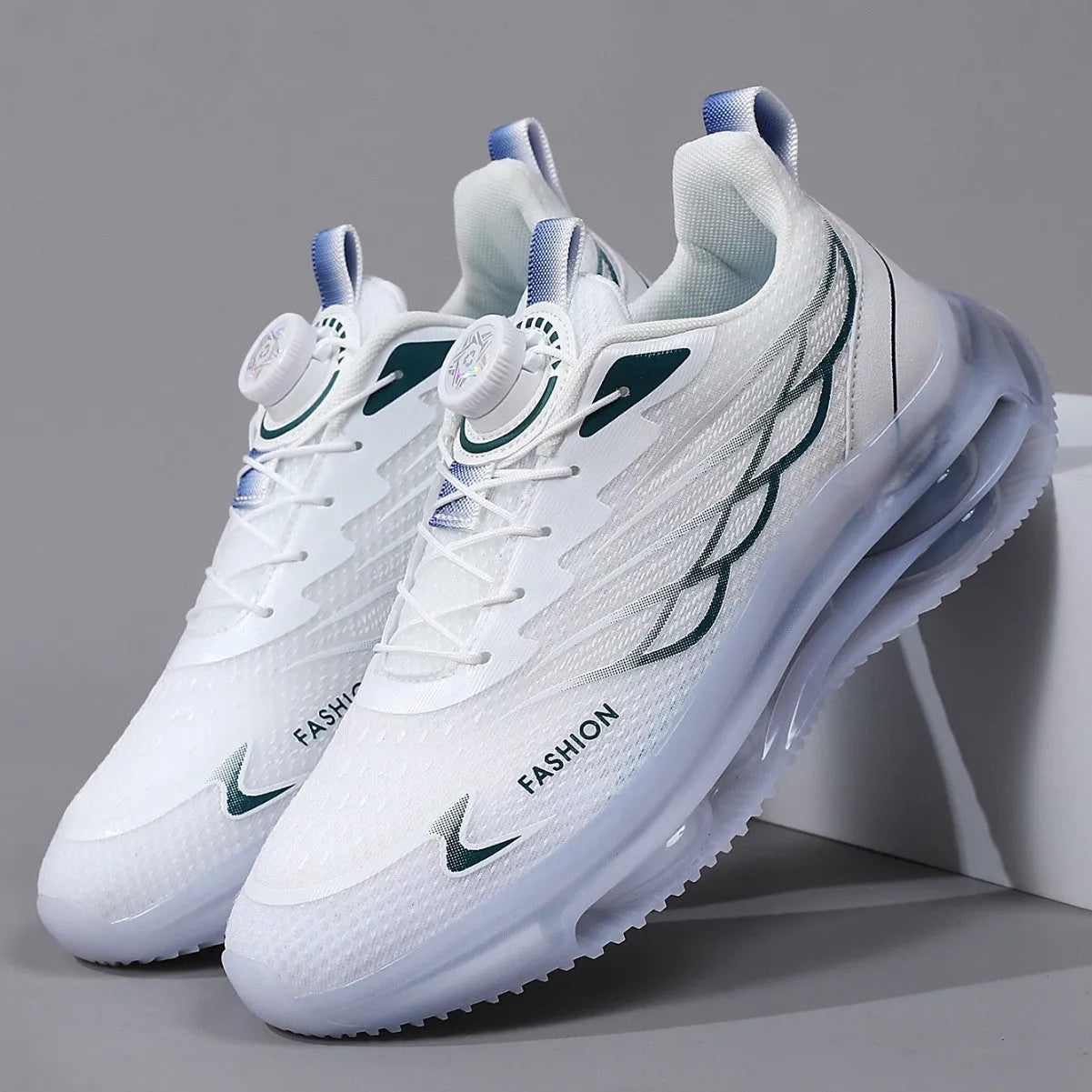 White men's casual running shoes with mesh upper, rotating button lace-up, and rubber sole.