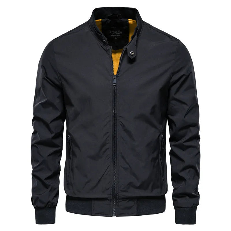Men's thin solid colour casual jacket in polyester, shown in army green, dark blue, and black.