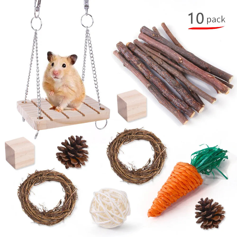 Assortment of natural wooden and woven chew toys for small pets like rabbits and parrots.
