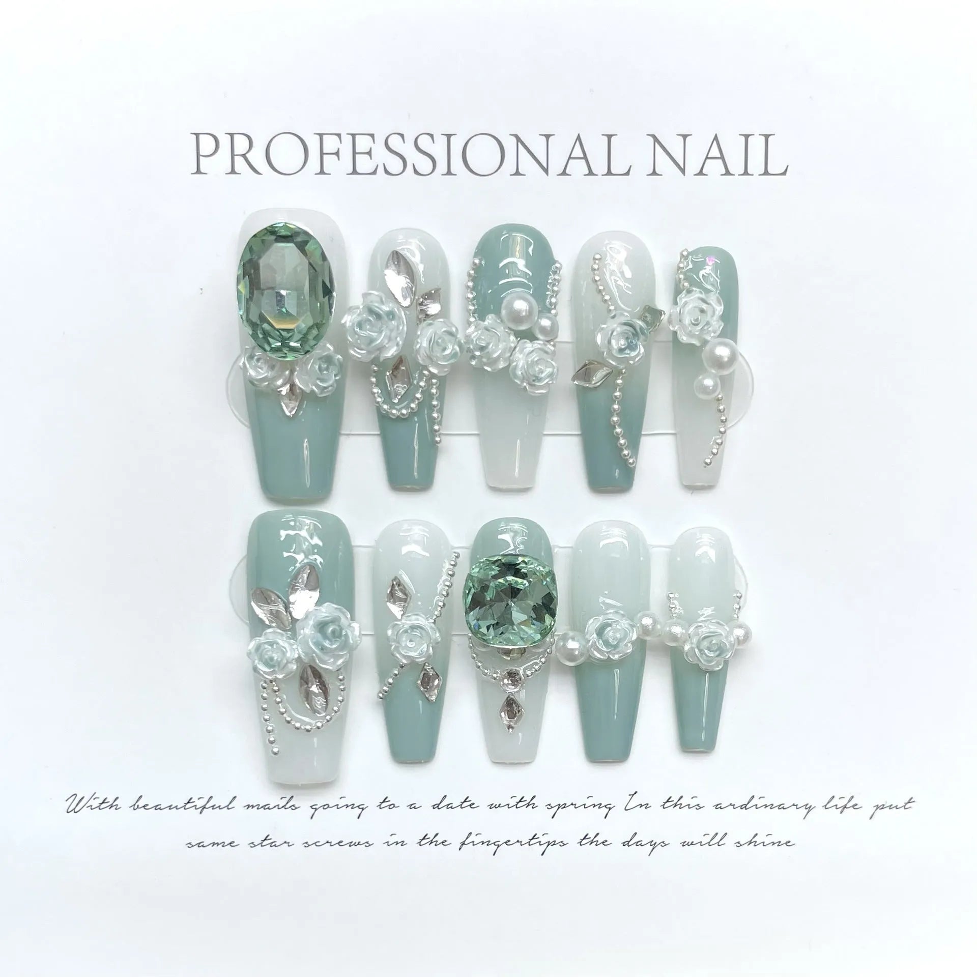 Camellia gradient chain artificial nails with bow and butterfly designs in multiple sizes