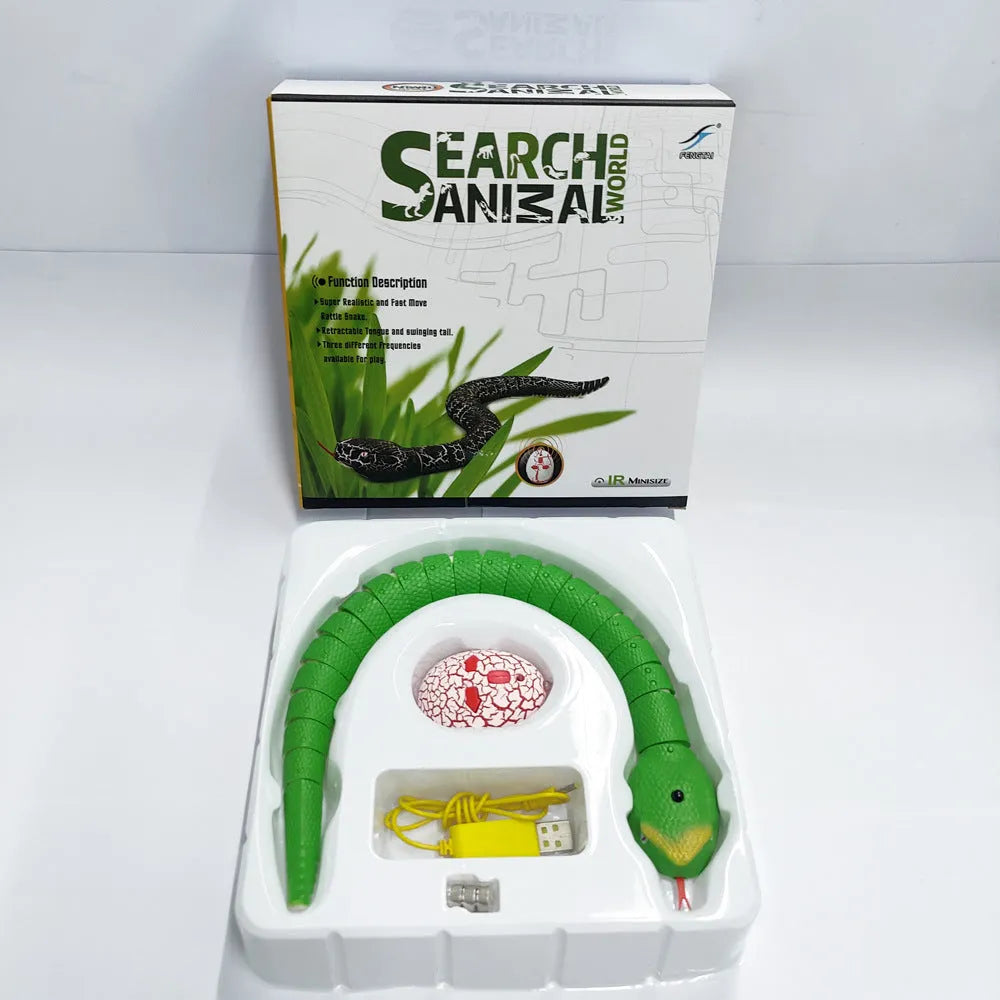 Smart sensing interactive electronic snake cat toy on a floor, showing segmented plastic body and USB charging port.