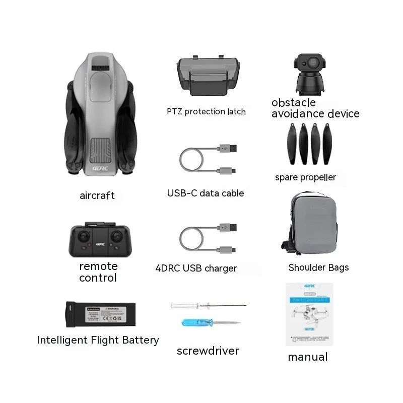 White folding quadcopter drone with camera, remote control, and shoulder bag on a table.