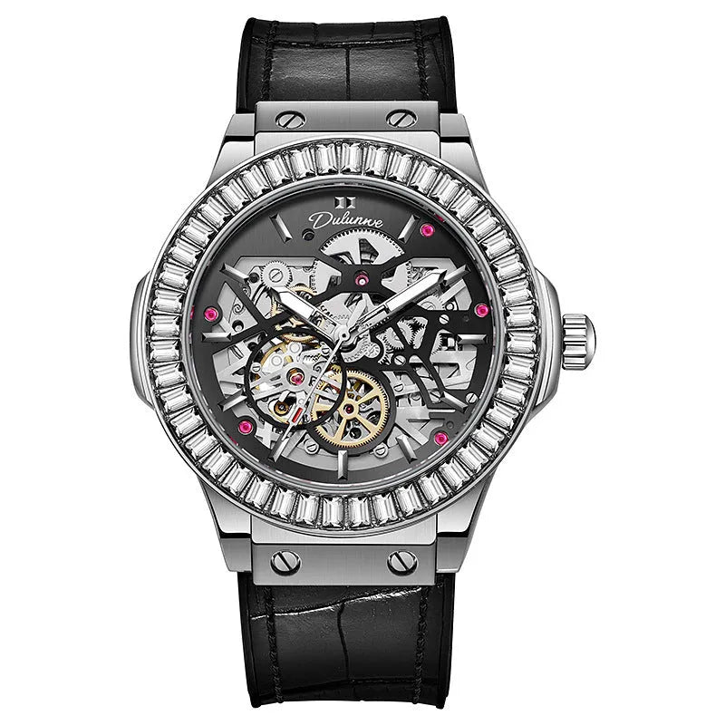 Automatic mechanical men's watch with hollow diamond-studded dial and 16mm white shell case.