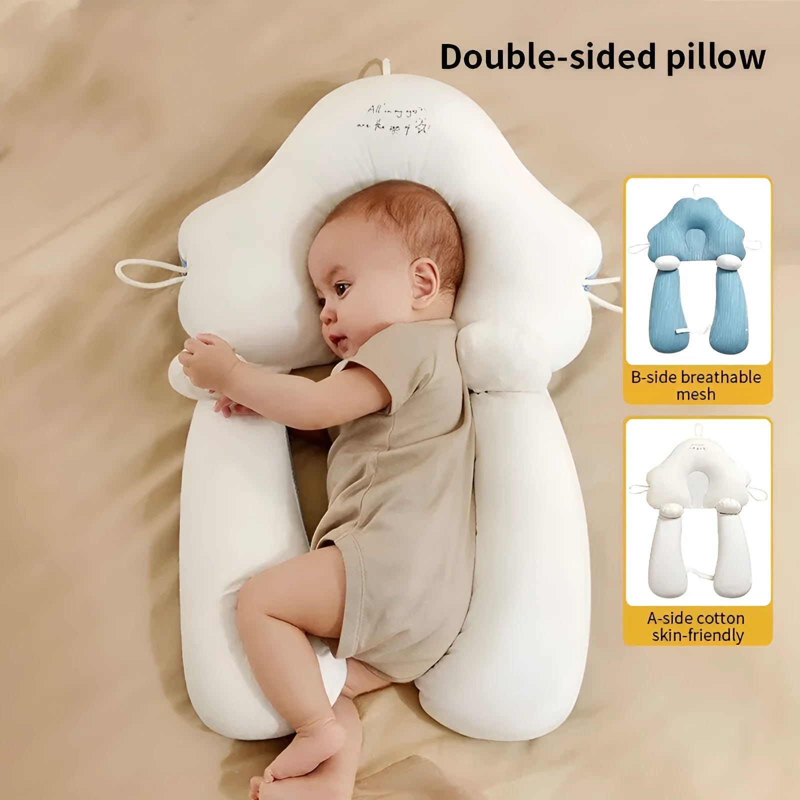 Baby correction head shaping pillow in U-shape with pure cotton fabric, available in blue white colour